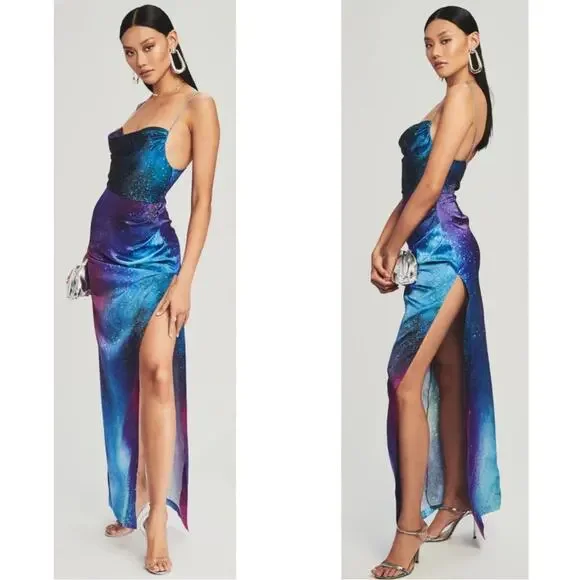 Retrofete Purple Solar Marlene Silk Cowl Neck Maxi Dress Size Small - Picture 2 of 8